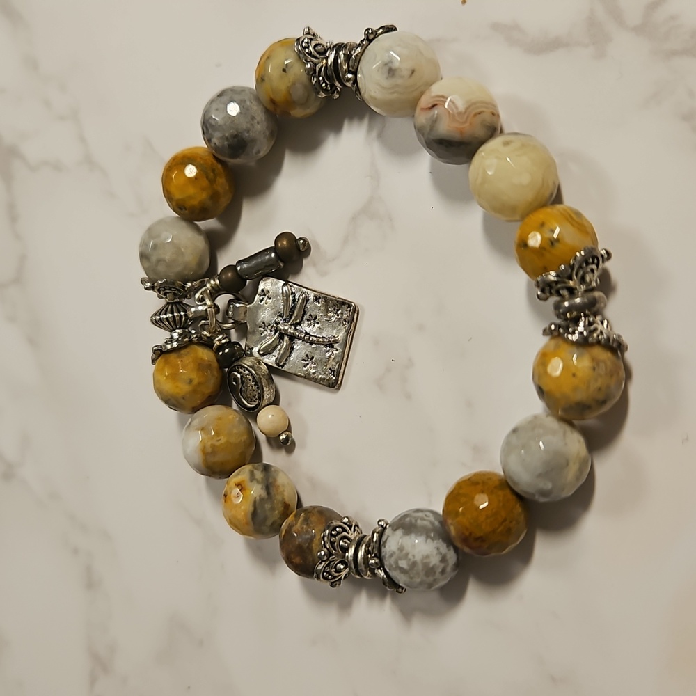 Gemstone Bead Stretchy charm Bracelet dragonfly/ yin/yang